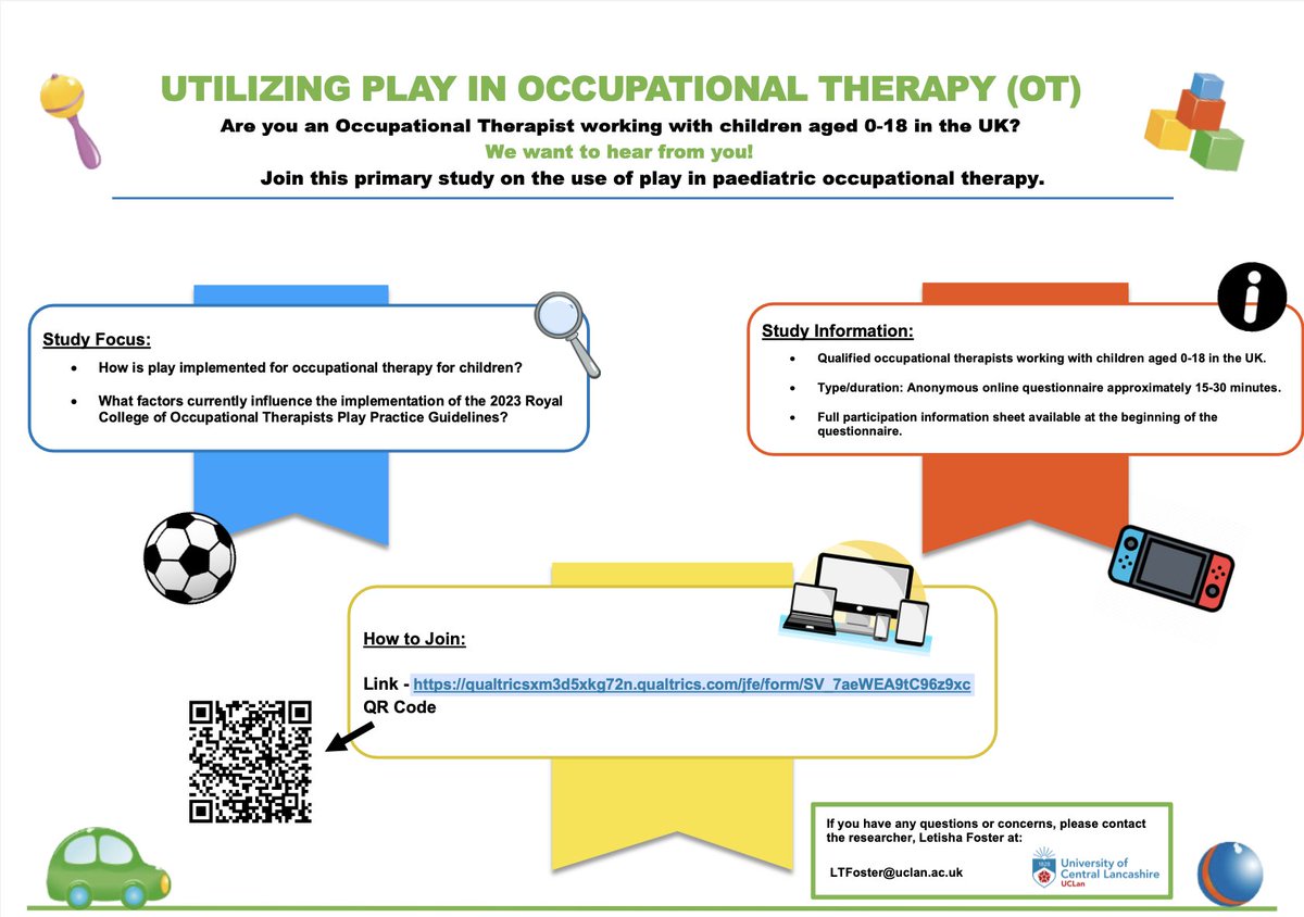 Are you a UK Occupational Therapist specializing in paediatric care (0-18)?
Contribute to this study on the integration of play in paediatric occupational therapy, guided by the latest
OT play guidelines. Your insights matter! @theRCOT
#OccupationalTherapy #Pediatrics #Play