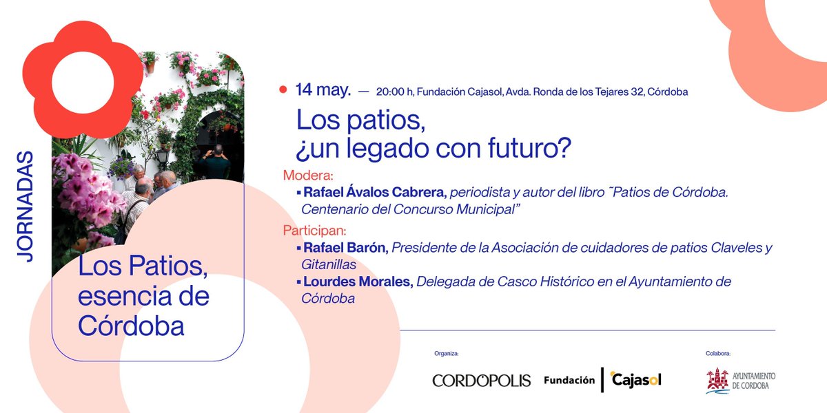 ¿Tienen futuro los Patios de Córdoba? Encuentra respuestas este martes, 14 de mayo. ¡Explora los desafíos y oportunidades que enfrentan estos espacios! 📅 Martes 14 de mayo, a las 20 horas 🔖 Entrada gratuita y libre 👉 Programación completa: buff.ly/4dfrXh1