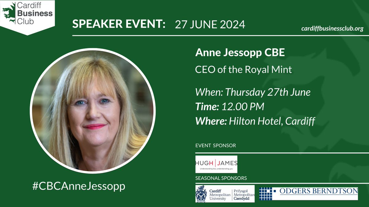 Anne Jessopp from the Royal Mint will be joining us to close our summer season of events. Anne has spearheaded the transformation of one of the UK’s oldest businesses and will be sharing insights into her career. Sign up here: cardiffbusinessclub.org/event/218/anne… #CBCAnneJessopp