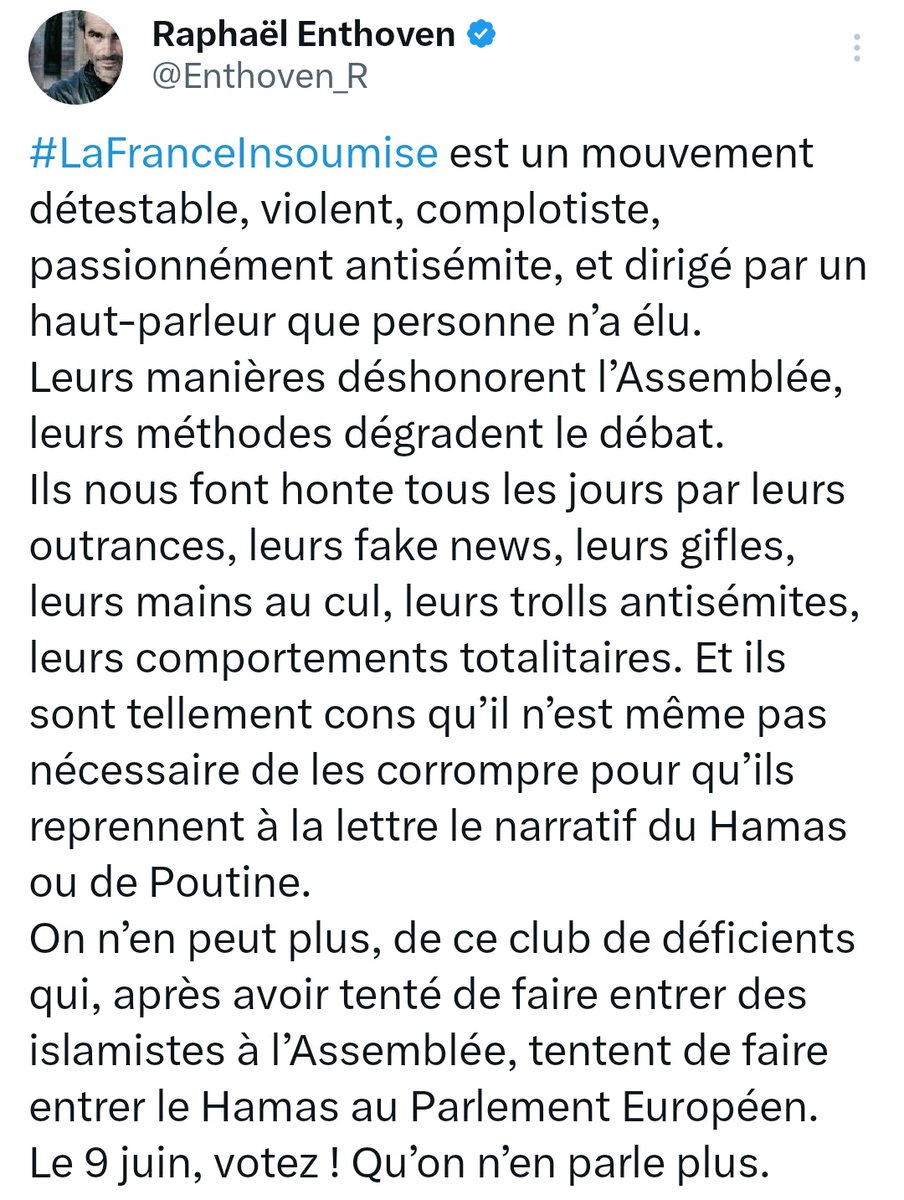 Ce 'pseudo philosophe' qui ne condamnera pas la haine des zemmouristes ni le défilé fasciste à Paris, qui est souvent invité dans les médias,  est le mari de la directrice de France Inter Adèle Van Reeth qui a viré Guillaume Meurice.

On est mal barré !!!