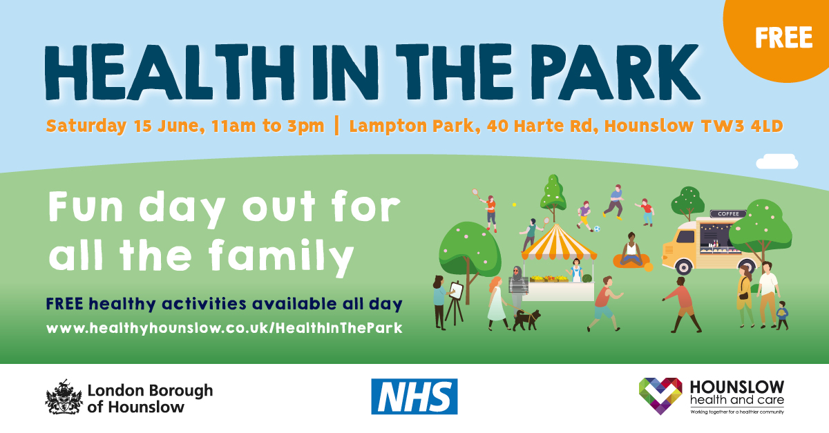 Don’t miss Health in The Park A FREE fun day out for all the family, where you have the chance to try out the smoothie bike, compete on the giant inflatable foosball pitch, work up a sweat on the tennis court or chill out with yoga and meditation. healthyhounslow.co.uk/HealthInThePar…