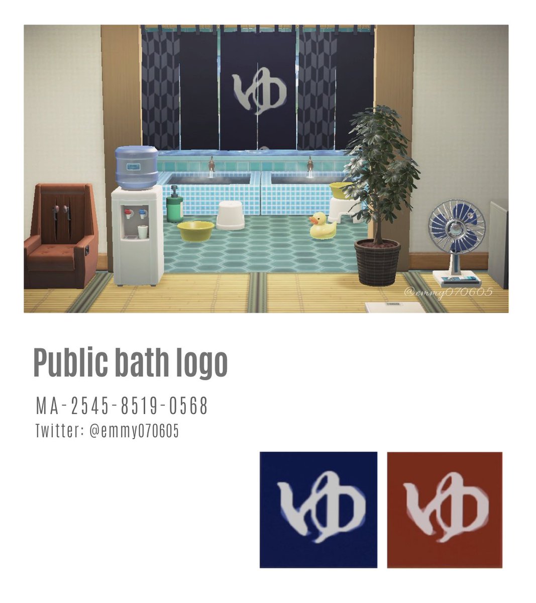 * New design *
* Public bath logo *
* ゆ♨️ *

ただの『ゆ』のマークです😋
せっかくなので、のれんデフォルトの紺＆赤と並べて使える色味にしました。
相変わらず用途なさ過ぎですが、よかったら何かで遊んでみてね。

#どうぶつの森 #ACNH #ACNHDesign #マイデザイン #マイデザ配布