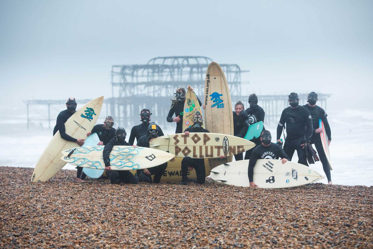 Paddle out protests have been a core part of @sascampaigns for decades. Always sure to grab public attention for the #sewagescandal 💩🌊🚨 ✊🤙 Take to the waves with them on 18th May. (This image was from a Brighton action on a wild day in 2019 - can you spot me..?!)