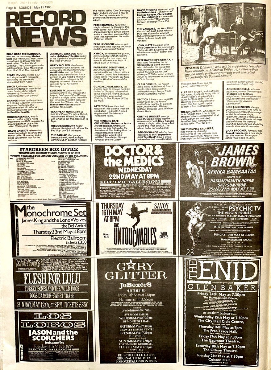This week’s round up of Record & Tour News on the likes of @johnhiattmusic & @ElvisCostello who have recorded a new single together, #TheMembranes,  Newcastle band #She, #RentParty @DavidCassidy @CassidyUnited and the wonderfully named #GrabGrabTheHaddock
 
Sounds May 11th 1985