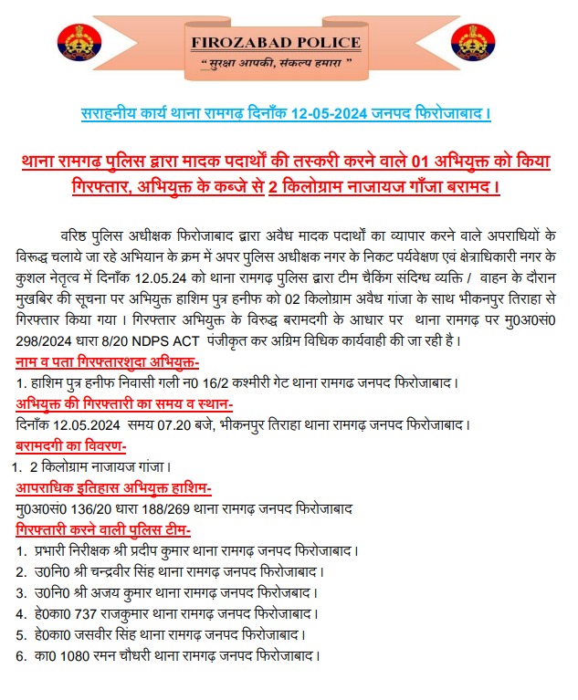 #GoodWorkByFirozabadPolice 🔴वरिष्ठ पुलिस अधीक्षक फिरोजाबाद के निर्देशन में अपराधियों की गिरफ्तारी हेतु चलाये गये अभियान के क्रम में थाना रामगढ़ पुलिस द्वारा मादक पदार्थों की तस्करी करने वाले 01 अभियुक्त को गिरफ्तार किया। 🟣अभियुक्त के कब्जे से 02 किलोग्राम नाजायज गाँजा बरामद।