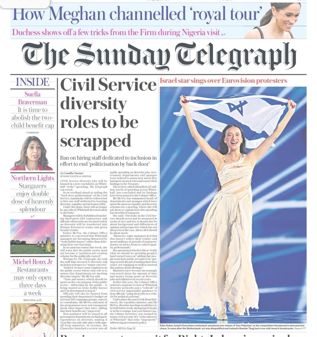 The Sunday Telegraph on the morning after Eurovision finals, puts 5th place Israel 🇮🇱 on its front page and not UK’s entry, Olly Alexander 🇬🇧 or the winner of the contest 🇨🇭…