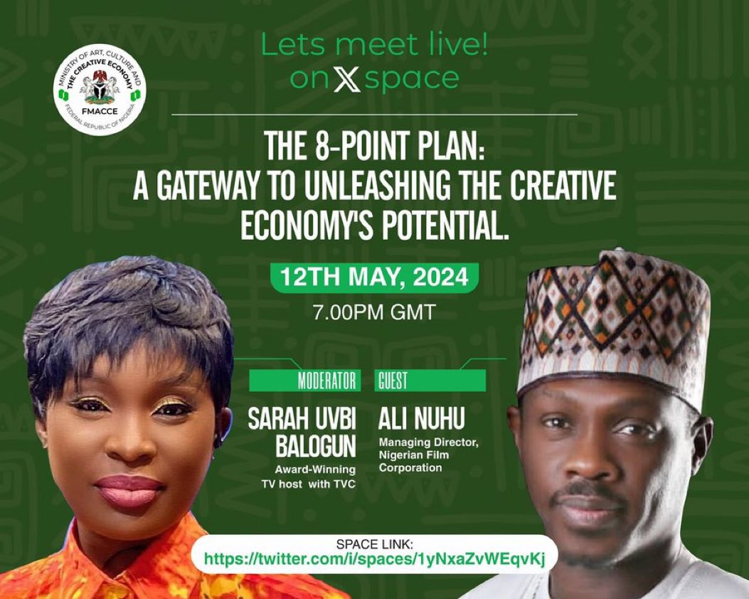 Join the General Director @alinuhu of Nigerian Film Corporation and Sarah Uvbi today as they speak in space X on the topic 'A gateway to unleash the potential of the creative economy' by 7pm Don't miss it X.com/i/spaces/1ynxa...