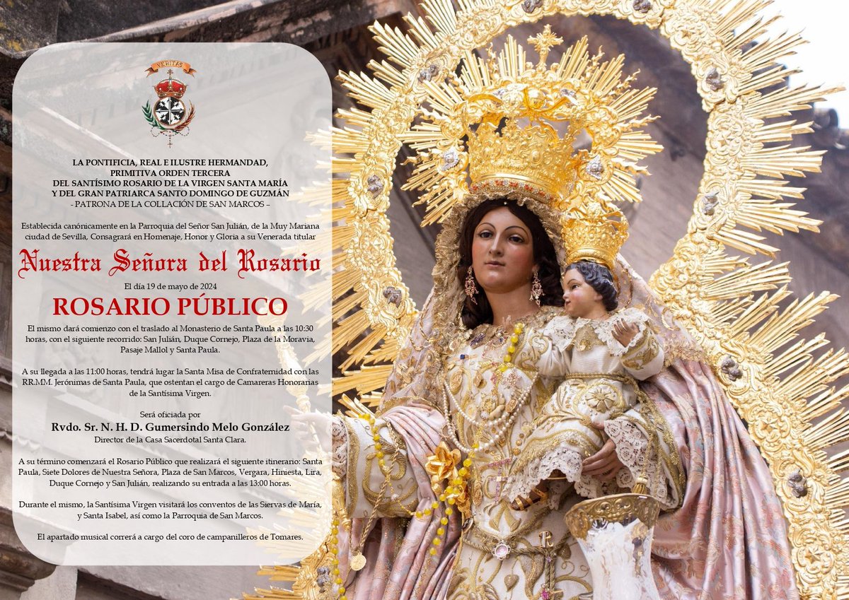 CULTOS | El próximo domingo 19 de mayo, tendrá luegar (D. m.) Rosario Público de la Santísima Virgen del Rosario.