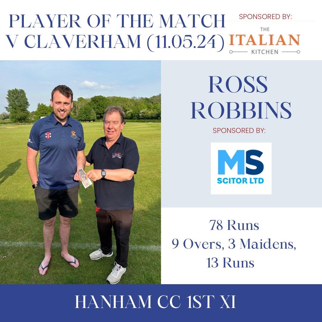 Ross Robbins claims MoM versus @ClaverhamCC after a fine display with both Bat and Ball. The award was selected and kindly awarded by @BandDCricket chairperson John Peplow.