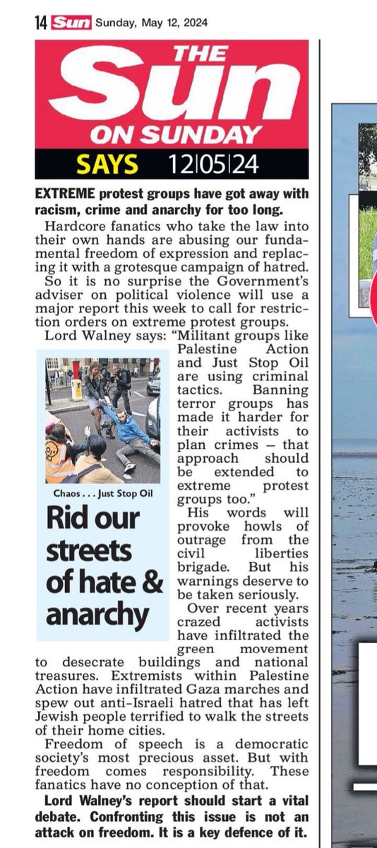 Encouraging leader in the @TheSun on Sunday on my recommendation to restrict the activities of groups like Palestine Action and Just Stop Oil who routinely use criminal tactics to get their way.