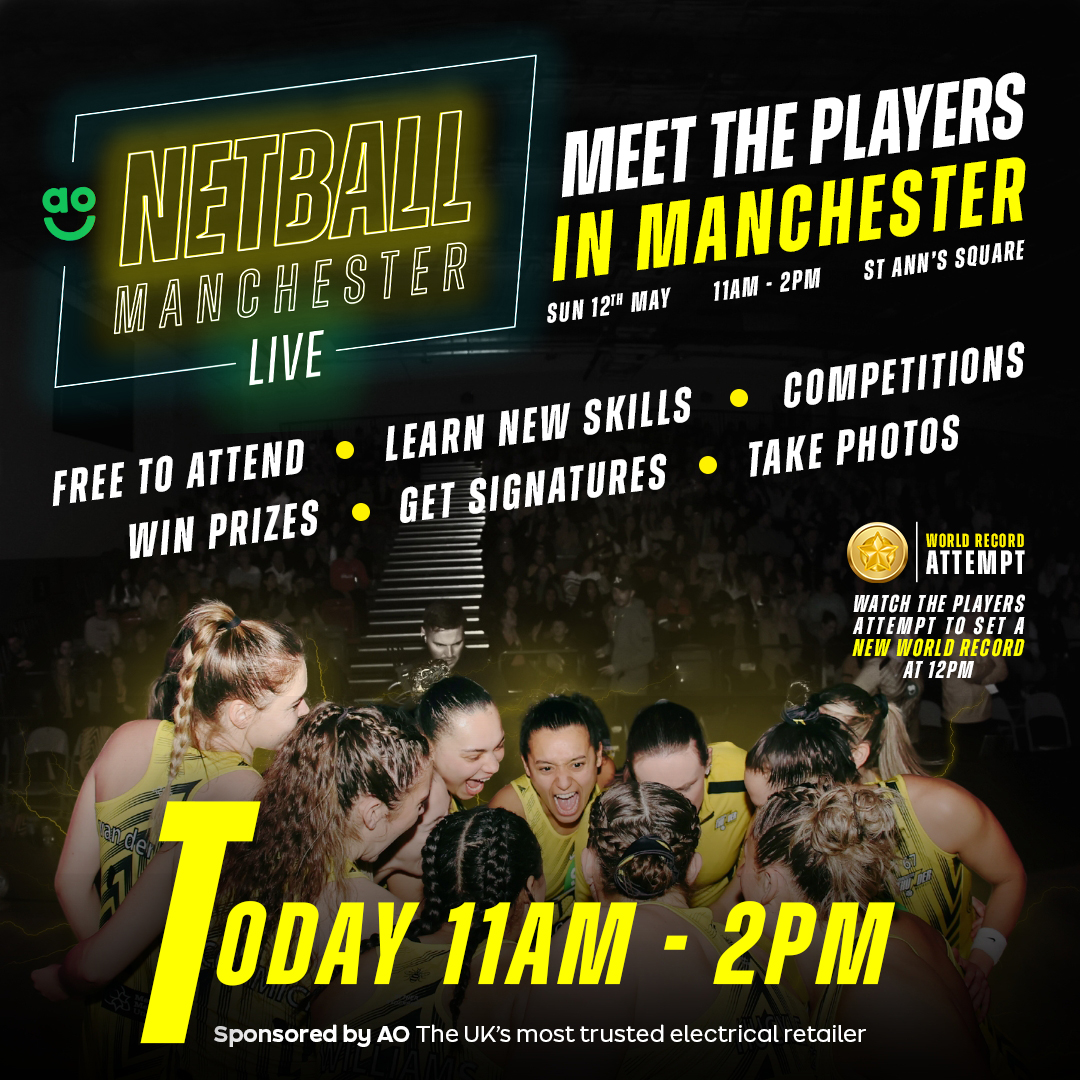 That's right! Join us TODAY in St. Ann's Square in Manchester from 11am - 2pm to meet our @netballsl SEMI-FINALIST squad 🤩 Learn new #skills from the #thunder players and take part in fun #netball #competitions to win #prizes 🏆 It's completely free to attend - no need to…