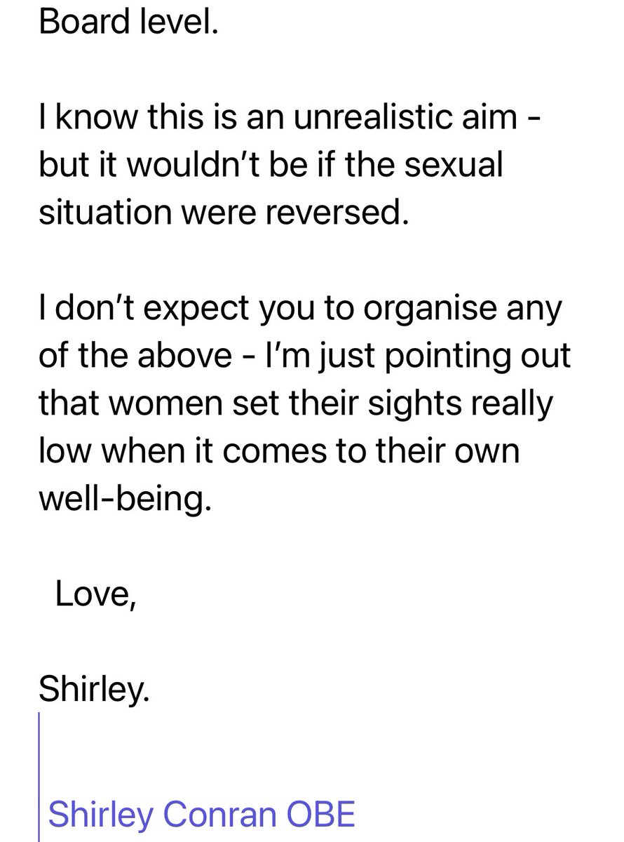 Do read this lovely assessment of Shirley Conran (and well aimed swipe at the belittling of women’s writing) by @MsRachelCooke in today’s @ObserverUK. Screenshots are from an email Shirley sent when we were discussing @WEP_UK theguardian.com/commentisfree/…