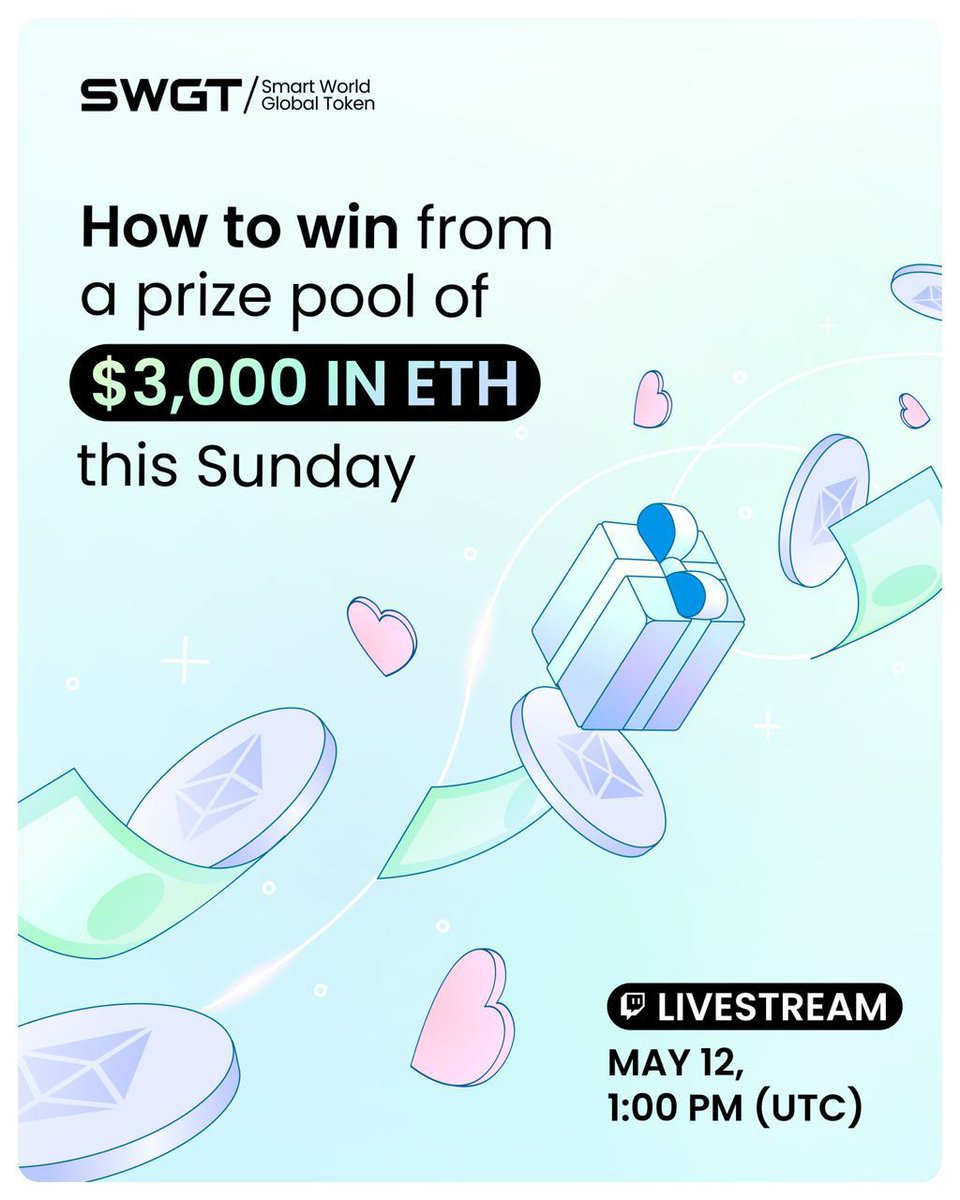 SWGToken's tweet photo. Here is what you need to do to win from a $3,000 prize pool on a livestream TODAY at 1 PM UTC!

There are two prize pools to win from ➡️

💵2,000 PRIZE POOL (2 WINNERS)

1) Buy a minimum of $50 worth of $SWGT from May 10 to 12th
2) We will choose two winners by their wallet addresses in the transaction history
3) Each winner gets $1,000 in ETH

Sign up to purchase $SWGT 👉 https://t.co/3kSFnHOQLw

💵1,000 PRIZE POOL (10 WINNERS)

1) Like, Retweet, and Drop your wallet address under THIS POST https://t.co/OgLsd4pEeP
2) We will choose 7 winners from Twitter comments, and 3 winners from the Twitch chat section
3) Each winner gets $100 in ETH

Don't forget to join the LIVESTREAM ➡️

📍Date: Sunday, May 12
📍Time: 1:00 pm UTC
📍Venue: Twitch https://t.co/Sindams0LY 

JOIN ON SUNDAY 👉 https://t.co/Sindams0LY