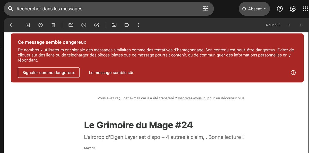 SashaBreitman's tweet photo. @CryptoMage_YT perso la newsletter n'est pas dans spam mais a un bandeau comme quoi le message semble dangereux ( depuis très longtemps j'ai ça mais je la reçois bien ) https://t.co/GH30KR8l0K