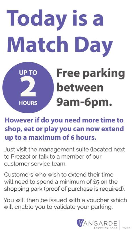 Match day today! Check out the image for all the parking info on the day! ⚽

#Matchday #visityork #iloveyork #yorkmix #york #visityorkshire #Vangarde #shoplocal #vangardeyorkshopping