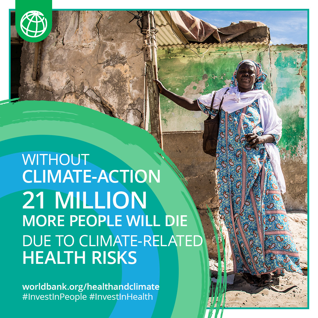 Without #ClimateAction 21M more people will die due to climate health risks, including infectious diseases, poor nutrition and extreme heat by 2050. High-impact interventions could save millions of lives. Learn about the @WorldBank’s work in this area. wrld.bg/upnK50Qg9bp