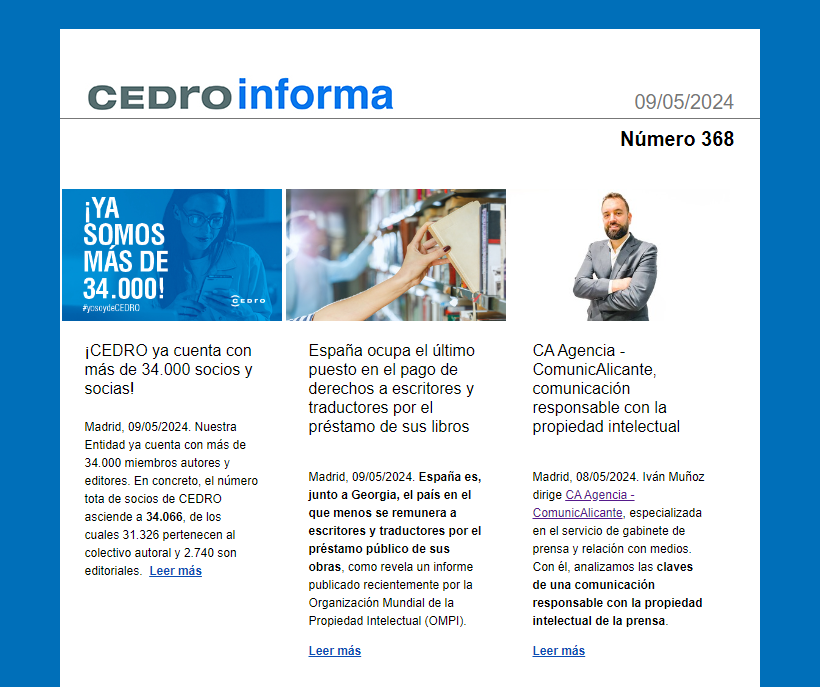 Esta semana ha llegado a vuestros buzones nuestro boletín #CEDROinforma, con toda la actualidad del sector. 📬 Léelo para estar al tanto de todos los temas relevantes sobre #derechosdeautor y #propiedadintelectual. Disponible aquí: cedro.org/sala-de-prensa…