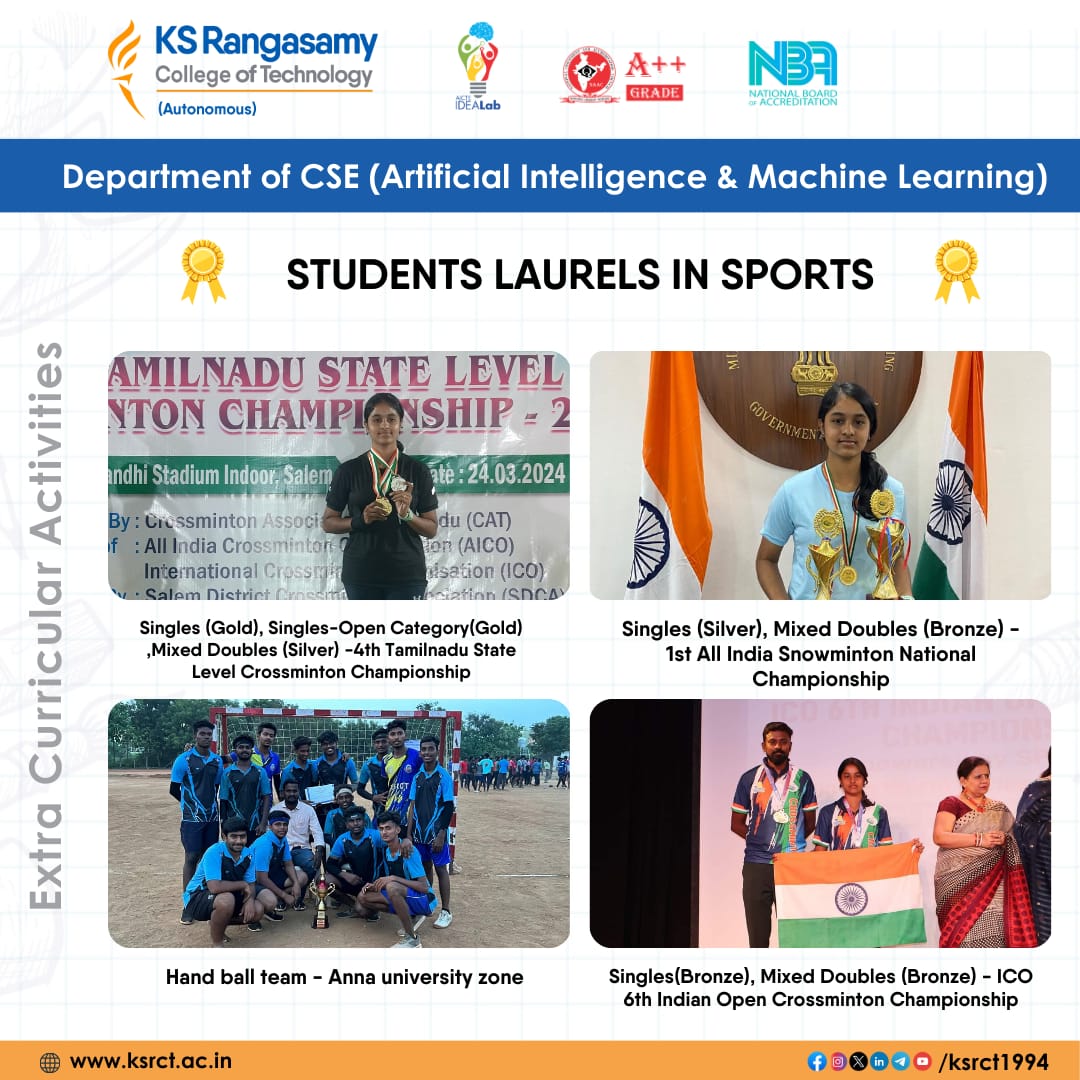 Let's celebrate the impressive achievements of KSRCT's , AIML students in sports! They've excelled regionally and internationally, showcasing dedication and versatility. Their success in academics and athletics is truly inspiring.