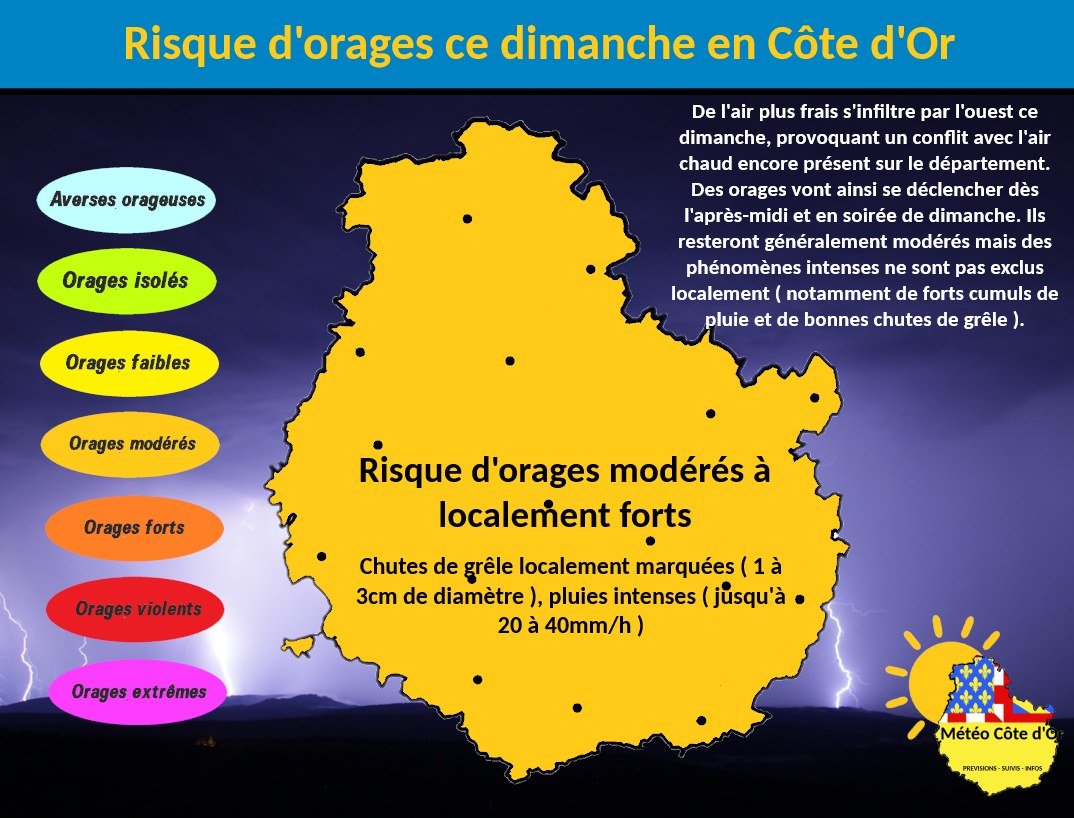 [ #ORAGES ⚡ ] Nouveau risque orageux ce dimanche, le département est placé en #VigilanceJaune #Orages entre 14h ce dimanche et 6h lundi matin ⛈️Les orages seront souvent modérés mais des phénomènes loc. intenses ( chutes de grêle marquées, pluies intenses ) ne sont pas exclus