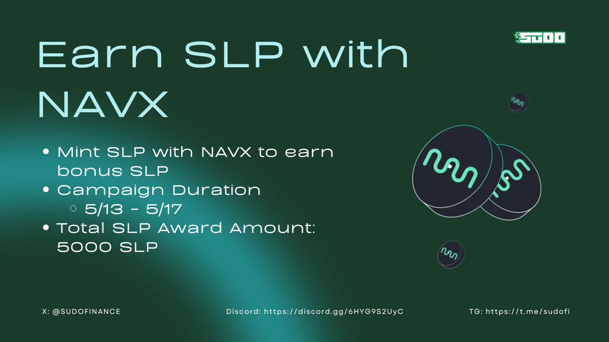 In addition to minting SLP with NAVX, you can get bonus SLP in the latest @sudofinance campaigns. Starting 5/13, there will be 5000 SLP up for grabs, so keep your eyes peeled! 👀