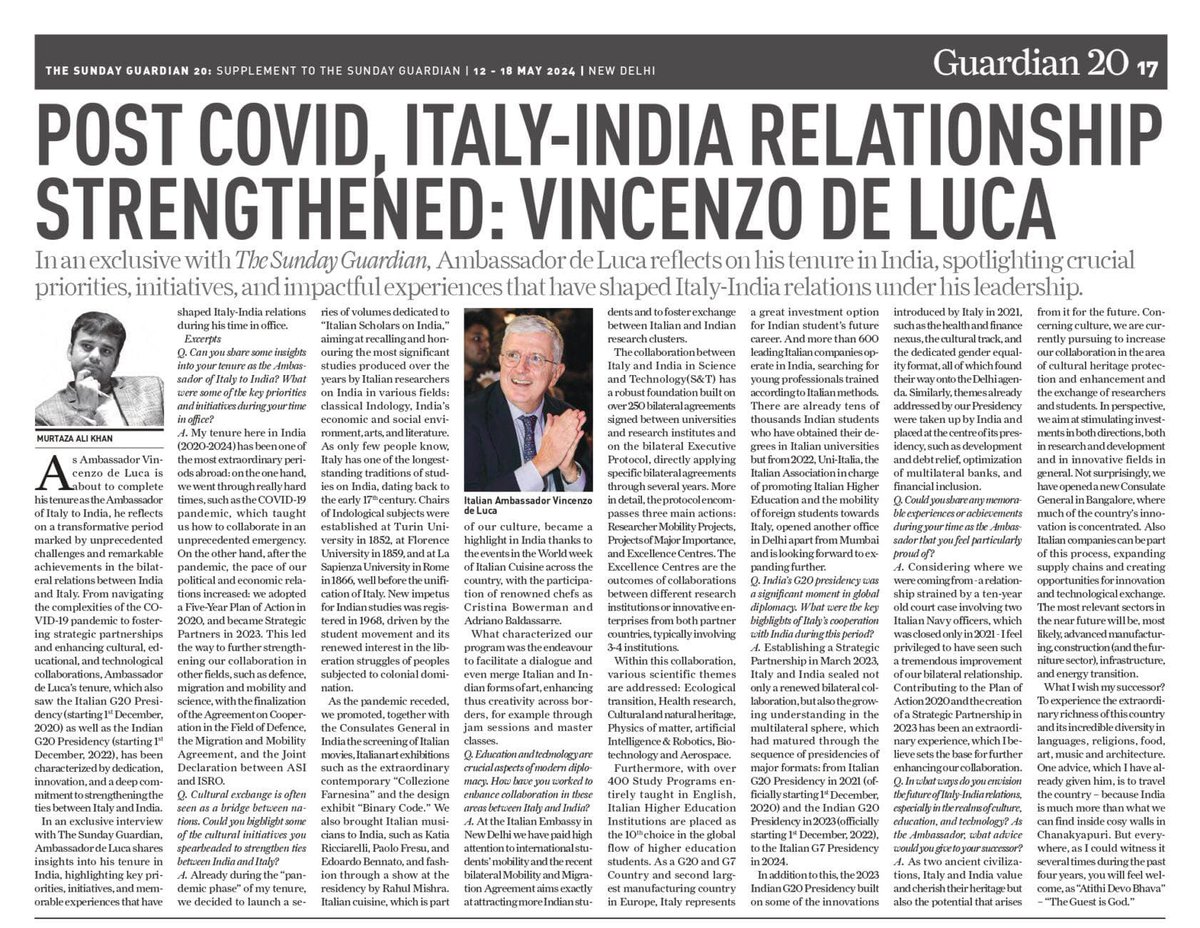 Ambassador Vincenzo de Luca @Videluca59 is set to complete his tenure in India which has been marked by challenges and remarkable breakthroughs and achievements that have shaped Italy-India relations under his leadership... read the interview online at: sundayguardianlive.com/featured/post-…