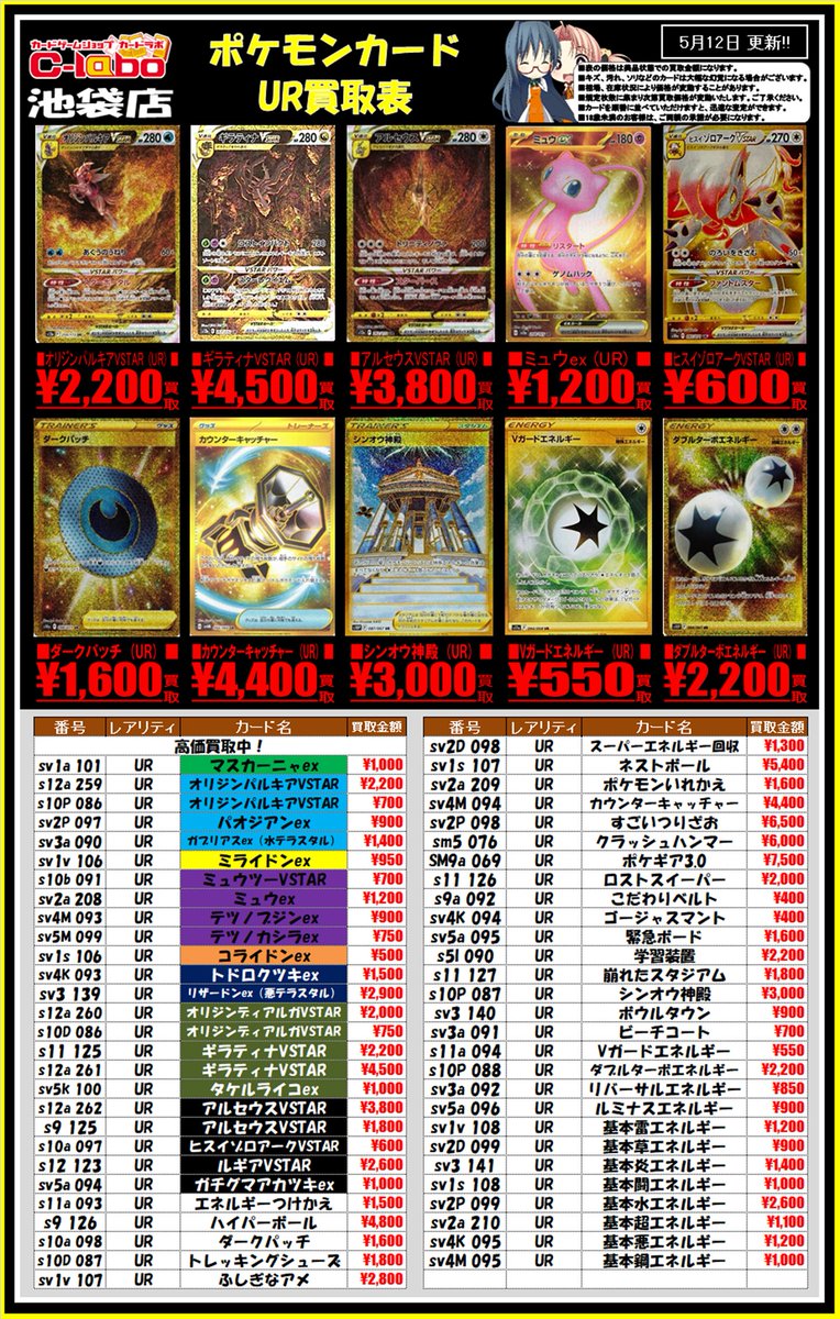 【ポケカ買取情報】 ❤ ミュウex（208/165）￥1,200買取 ⚒️ クラッシュハンマー（076/066）￥6,000買取 🔴 ポケモンいれかえ（209/165）￥1,600買取 🔫カウンターキャッチャー（094/066）￥4,400買取 など、URのカードのお買取を行っております！ ぜひカードラボ池袋店までお持ちください✨