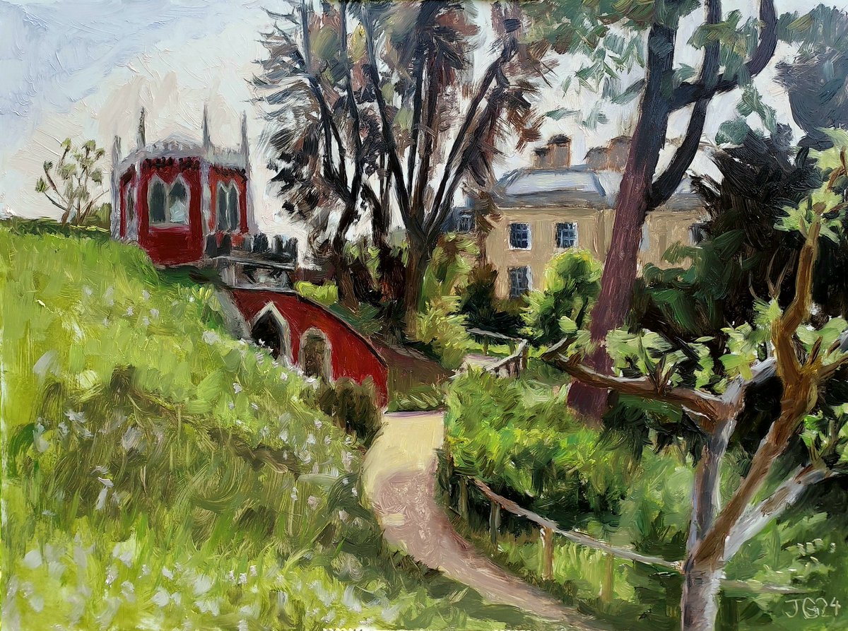 A beautiful sunny day spent at Painswick Rococo Garden near Stroud yesterday, painting the path up to the main house. Oil on primed panel 30 x 40 cm. #painswick #painswickrococogarden #landscapeoilpainting #landscapepainting #oilpainter #oilpainting #pleinair #pleinairpainting
