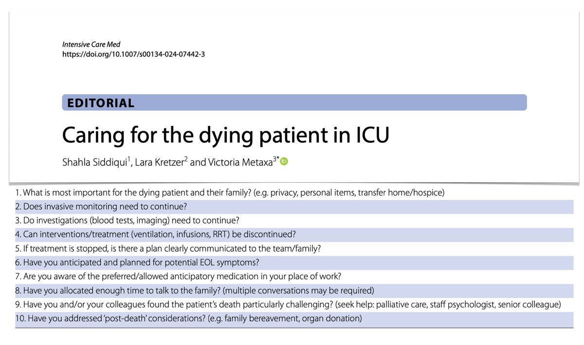 🕯️Dying patient in #ICU: framework to prevent poor quality of care/moral distress among staff/families.  As shared decision to limit life-sustaining treatment reached &amp; approaching EoL accepted, pivotal caring consistently with pt's values/preferences.
🔓 rdcu.be/dHGQV