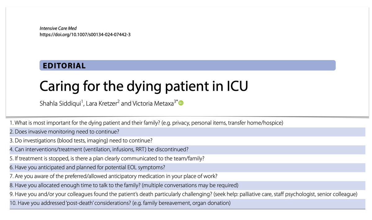 🕯️Dying patient in #ICU: framework to prevent poor quality of care/moral distress among staff/families. As shared decision to limit life-sustaining treatment reached & approaching EoL accepted, pivotal caring consistently with pt's values/preferences. 🔓 rdcu.be/dHGQV