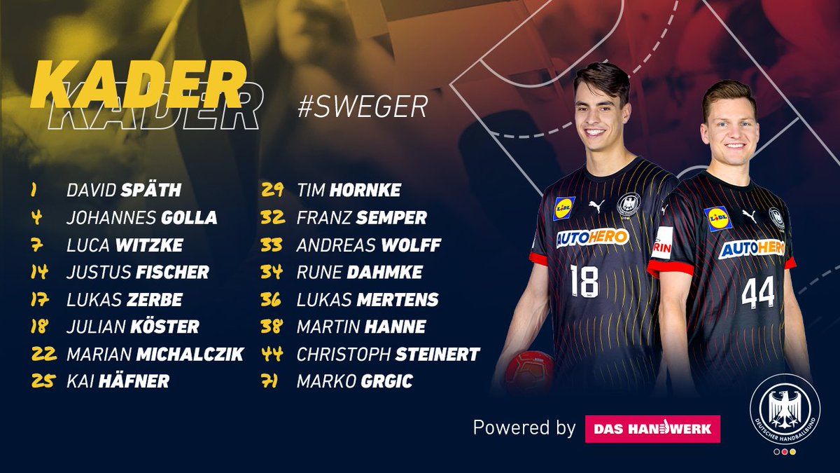 ℹ️ Kadertweet Mit diesen 16 Spielern starten wir in die Partie #SWEGER - wir freuen uns! 🚀🤩 #WIRIHRALLE #aufgehtsDHB #Handball -- 📺 Das Spiel um 14.30 Uhr im Livestream auf zdf.de