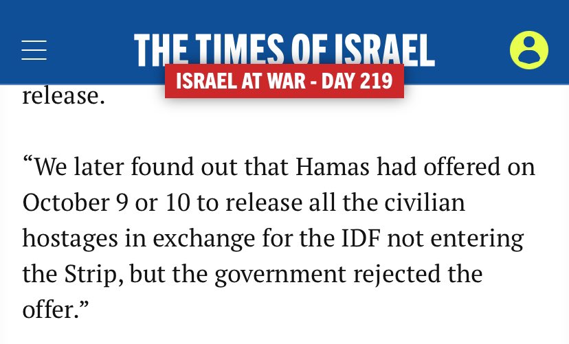 Haim Rubinstein, porte-parole du Forum des familles d’otages: 'Nous avons découvert que le Hamas avait proposé les 9 et 10 octobre de libérer tous les otages civils en échange du fait que l'armée 🇮🇱n'entrerait pas dans Gaza, mais le gouvernement a rejeté cette offre.'