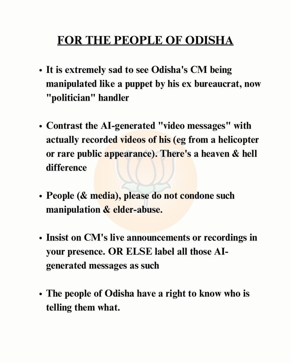 PandaJay's tweet image. It is extremely sad to see Odisha&apos;s CM being manipulated like a puppet by his ex bureaucrat, now &quot;politician&quot; handler

Contrast the AI-generated &quot;video messages&quot; with actually recorded videos of his (eg from a helicopter or rare public appearance). There&apos;s a heaven &amp;amp; hell…
