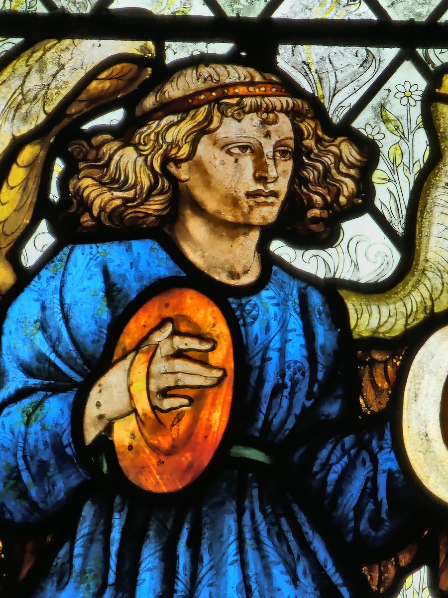 An #AnytimeAngel for #StainedGlassSunday from Lewknor, #Oxfordshire by #WilliamMorris for Morris & Co., 1876 - intent on getting the cymbal in the right place, like me with the woodblock at school...