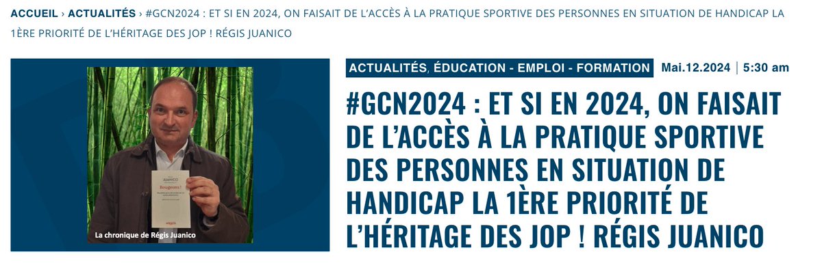 #GCN2024 : et  si en 2024, on faisait de l’accès à la pratique sportive des personnes  en situation de handicap la 1ère priorité de l’héritage des JOP ! 48% des personnes en situation de handicap ne pratiquent jamais d’activité physique et sportive… deux fois plus que dans la…