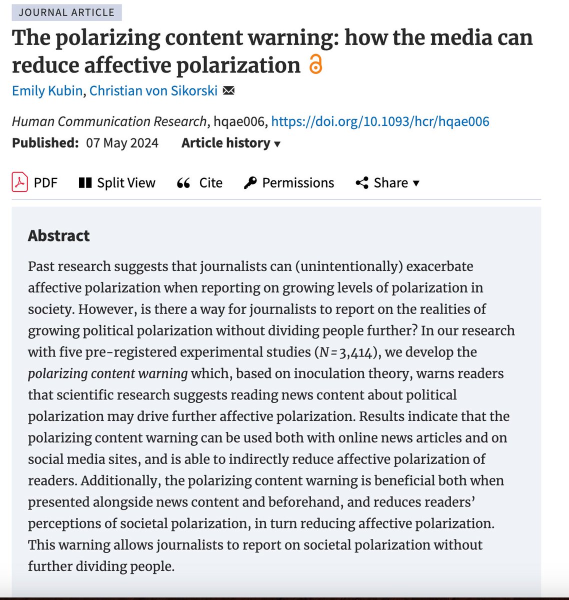 Now published online! Check out how we can inoculate media users against polarizing content as a way to indirectly reduce affective polarization 👇
academic.oup.com/hcr/advance-ar…