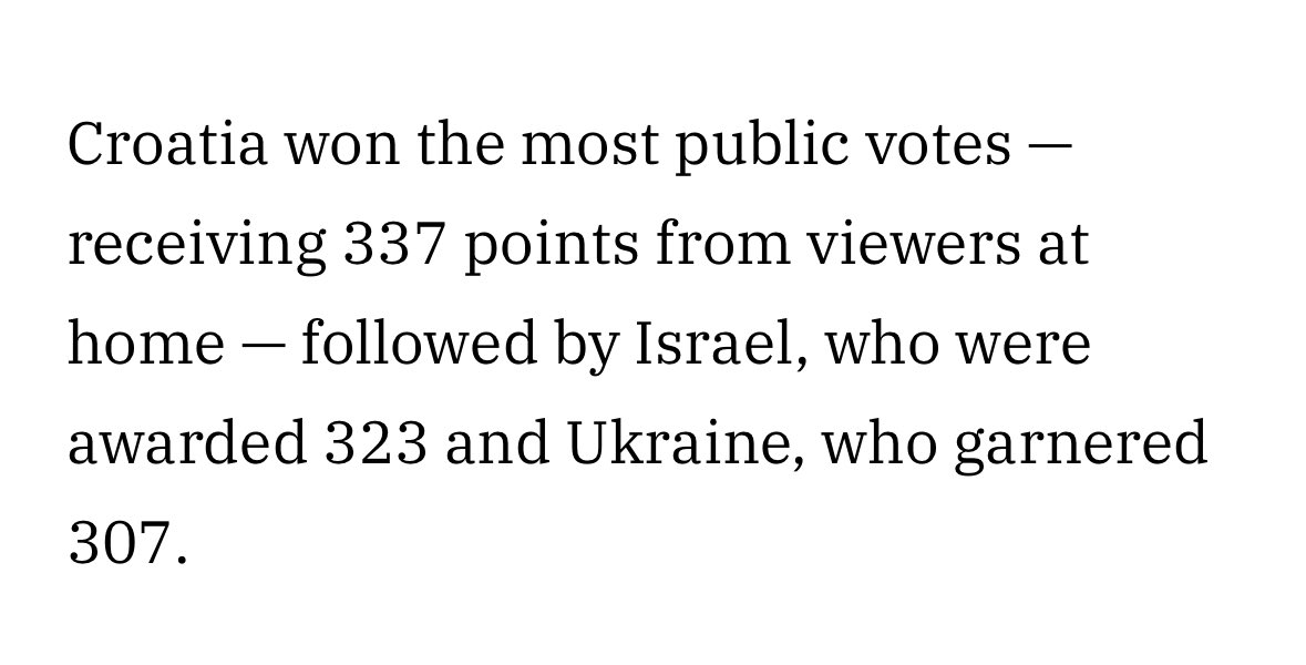 @froling Jag skulle våga påstå att Israel kom tvåa. Och ja, det tyder på att iaf Eurovisionpubliken har en annan syn på saken än vårat politiska och mediala etablissemang.
