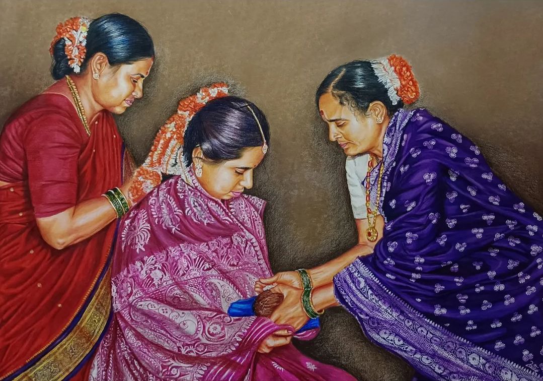 Happy Mother's Day! A Color Pencil sketch of my maternal grandmother, mother and paternal grandmother respectively. In the traditional Konkani 'Honti' ritual.