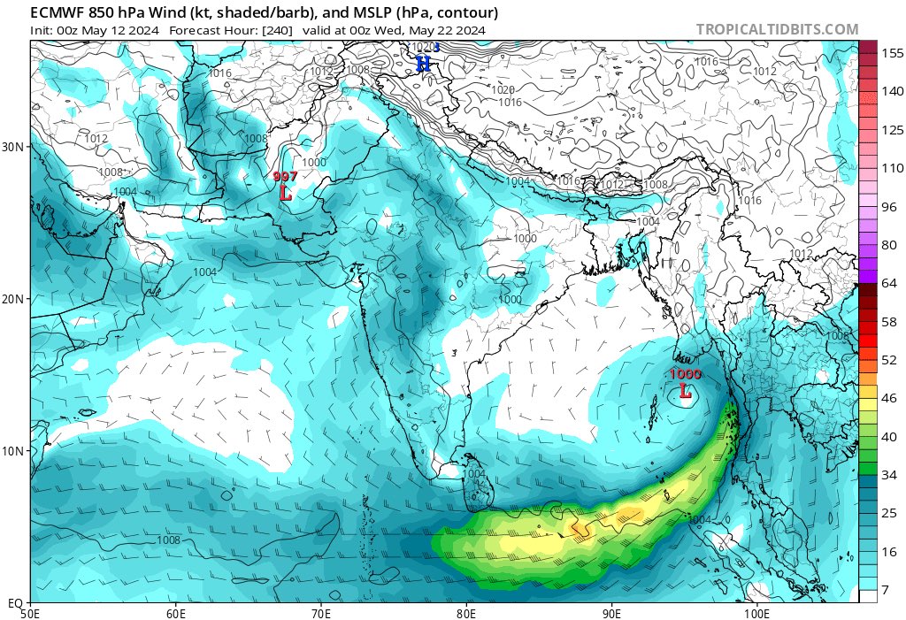 Look at that WWB!! Insane to see these in charts. ECMWF finally picking up a circulation (240 hrs) spinning close to Andaman waters associated with the WWB flow. 

#Monsoon2024 #Premonsoon