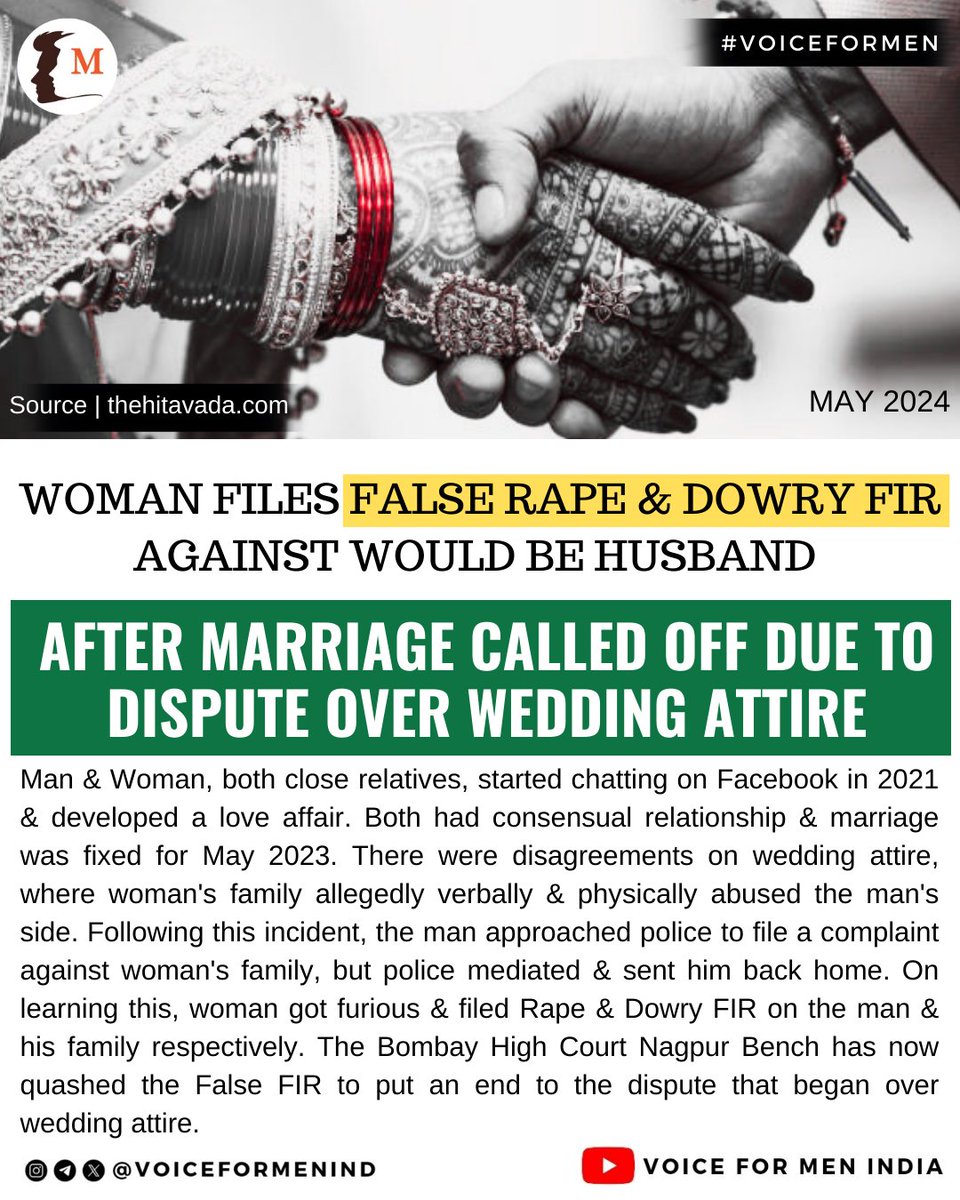 #Nagpur | Woman Files #FalseRape & Dowry FIR Against Would-be Husband After Marriage Called Off Due To Dispute Over Wedding Attire CASE: ▪️Man & Woman (close relatives), started chatting on Facebook in 2021 & developed a love affair ▪️Both had consensual relationship &…