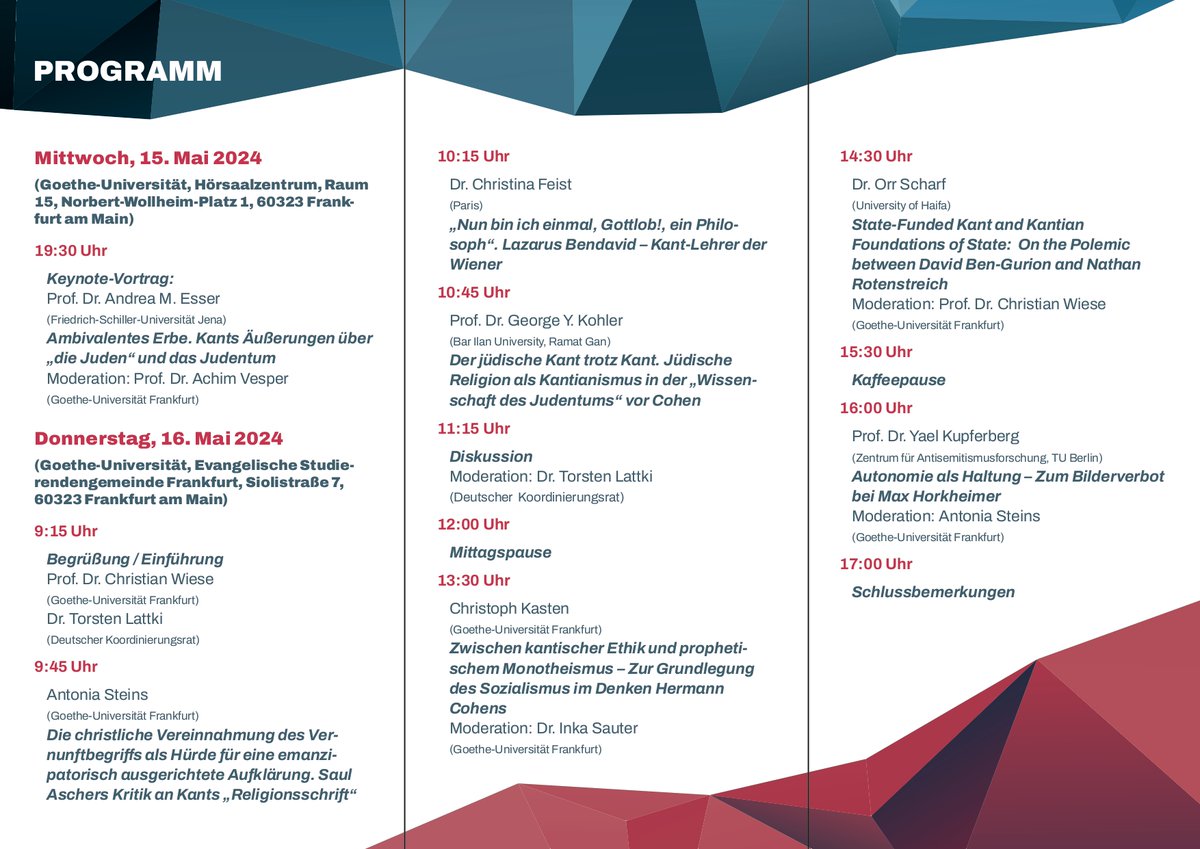 Das Symposium zu #Kant und #Judentum findet am 🕕15. und 16. Mai📍@goetheuni statt. Gerne teilen wir das Programm und freuen uns über Teilnehmende!