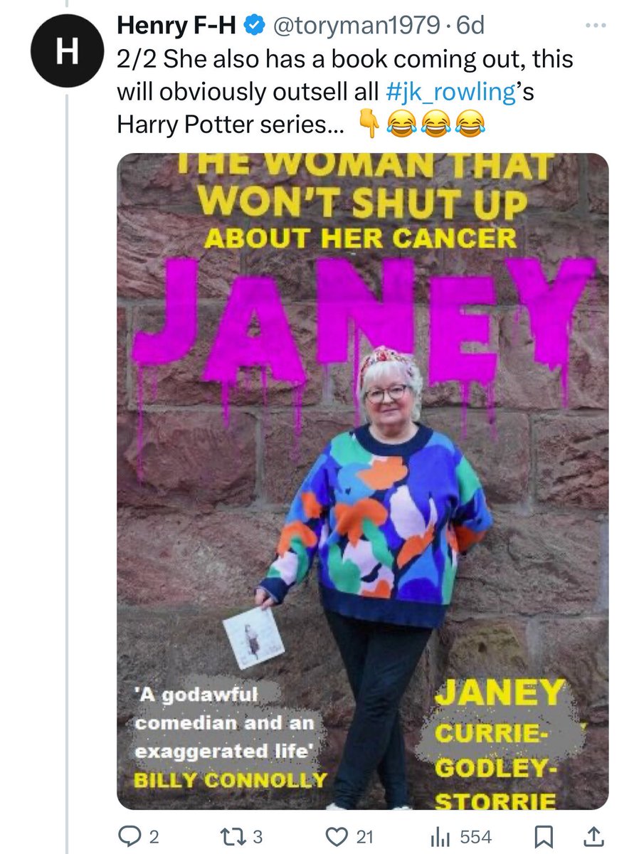 Please report -@toryman1979 Imagine taking your time to change the text to mock me about my cancer on the cover of my new book? and to use @jk_rowling as a stick to beat me with ? Is this what protectors of women’s rights do now? Please stop this Henry I’m trying to live my best