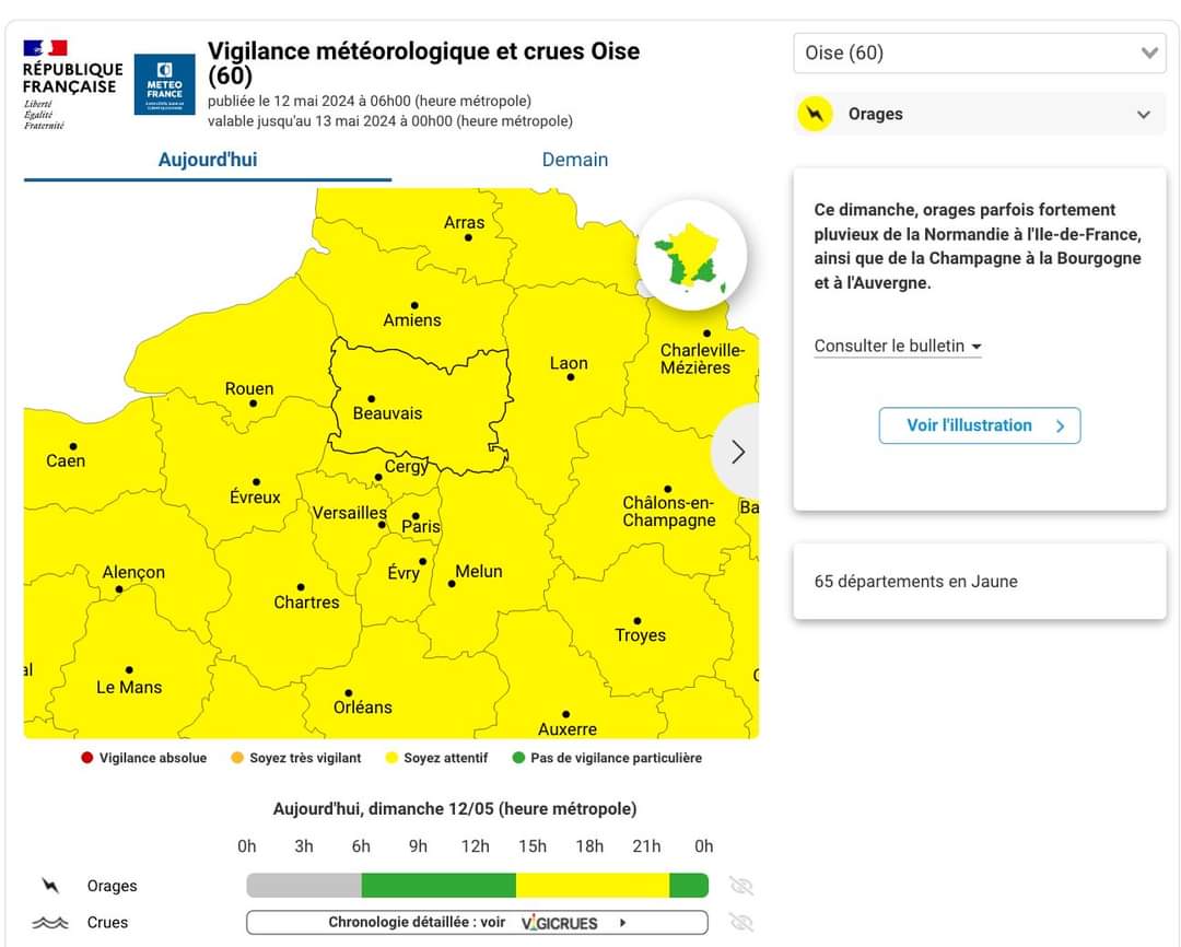 #VigilanceMétéo 🟨 Le département de l'Oise est placé en vigilance jaune pour risque ' #orages ' à compter de ce dimanche après-midi. ➡Prudence lors de vos déplacements ➡Adaptez votre conduite ➡Consultez @VigiMeteoFrance