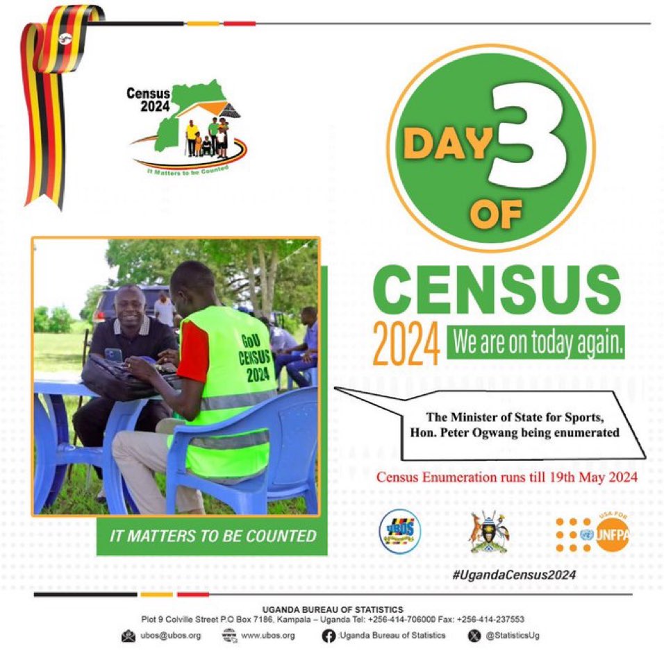 We are into day 3 of Census. We encourage everyone one to cooperate with numerators when they show up at your residence because it matters to be counted. #UgandaCensus2024 @UNFPAUganda @UBOS_ED @StatisticsUg @mofpedU @CHRISBARYOMUNSI @UgandaMediaCent @AmosLugoloobi @OPMUganda