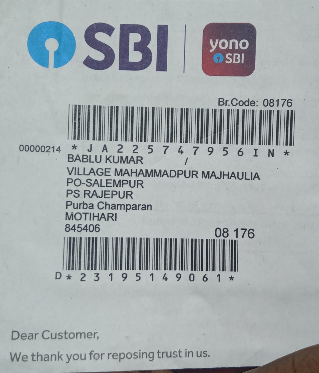 @IndiaPostOffice @airnewsalerts @DDNewslive @PIB_India @AmritMahotsav @IndiaPostOffice Postman didn't attempt to deliver. My Debit Card returned from Rajepur Champaran SO to Mumbai in June2023. ₹118 debited from my SBI A/C on  May3, 2024 due to undelivered. Pls take an appropriate action against BO. @TheOfficialSBI refund my money that is debited.