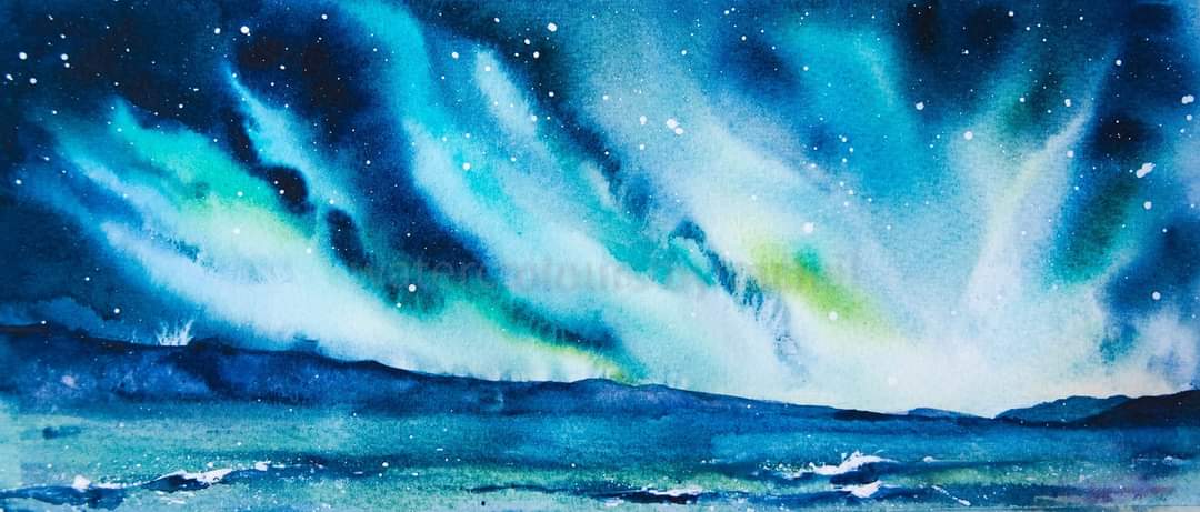 If you were lucky enough to see the Northern Lights , how amazing, if not here is my little interpretation .. Happy Sunday x #auroresboreales #northenlights #watercolour #watercolourpainting #solarstorm #seascape #sky #painting #inspiration #paint #artist #Devon #art #wetinwet