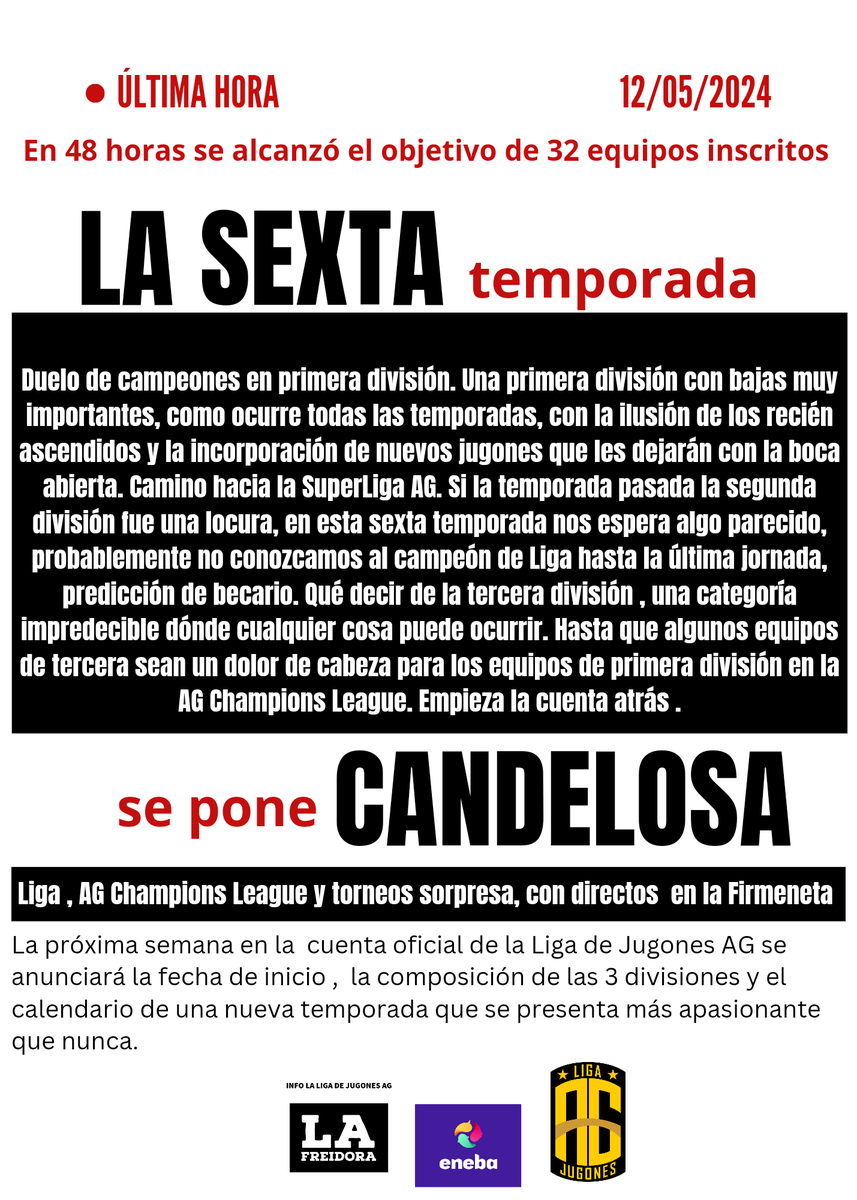 Nueva temporada en la Liga de Jugones AG, la sexta. Próximamente anuncio oficial @LigaefootballAG 
#eFootball2024 Xbox 🎮

<a href="/cm_pesgalicia/">CM_PESGALICIA</a> <a href="/rodrigoarana100/">Rodrigo</a> <a href="/jitotorrejon/">Juanjo</a> <a href="/txemabutrera/">Txemabutrera</a> <a href="/adrianruizfz/">Adrián Ruiz</a> <a href="/WINPLAYGO/">ismael (rataPRO)</a> <a href="/PowerGuanxe/">PowerGuanxe</a> <a href="/portyrbb/">portyrbb🐺</a> <a href="/josueiba05/">Josu</a> <a href="/casgolf8/">CASGOLF</a> <a href="/RubioWan1984/">Rubio Wan</a> <a href="/masterfuner/">master</a>