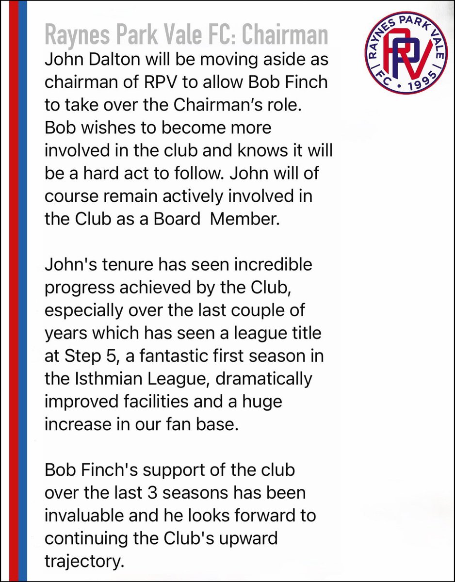 🔵🔴Boardroom news. We welcome Bob Finch as the new Chairman at RPV. Bob takes over from John who’s care & commitment oversaw the survival of the club in the difficult 19/20 & 20/21 seasons & with Bob helped transform the club to this day. Fans both💙 Ty guys. Up the Vale⚽️