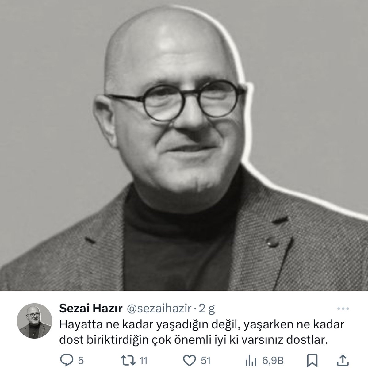 İyi bir dost, insanlık için kendini adamış bir bireydi. Vefatını teessürle öğrendiğim TOBB Genç Girişimciler Kurulunda yıllarca beraber görev yaptığımız TOBB GGK Başkan Yardımcısı ve Habitat Derneği Başkanı Sezai HAZIR’ a Allah’tan rahmet diliyorum, mekanı cennet olsun. Ailesi ve