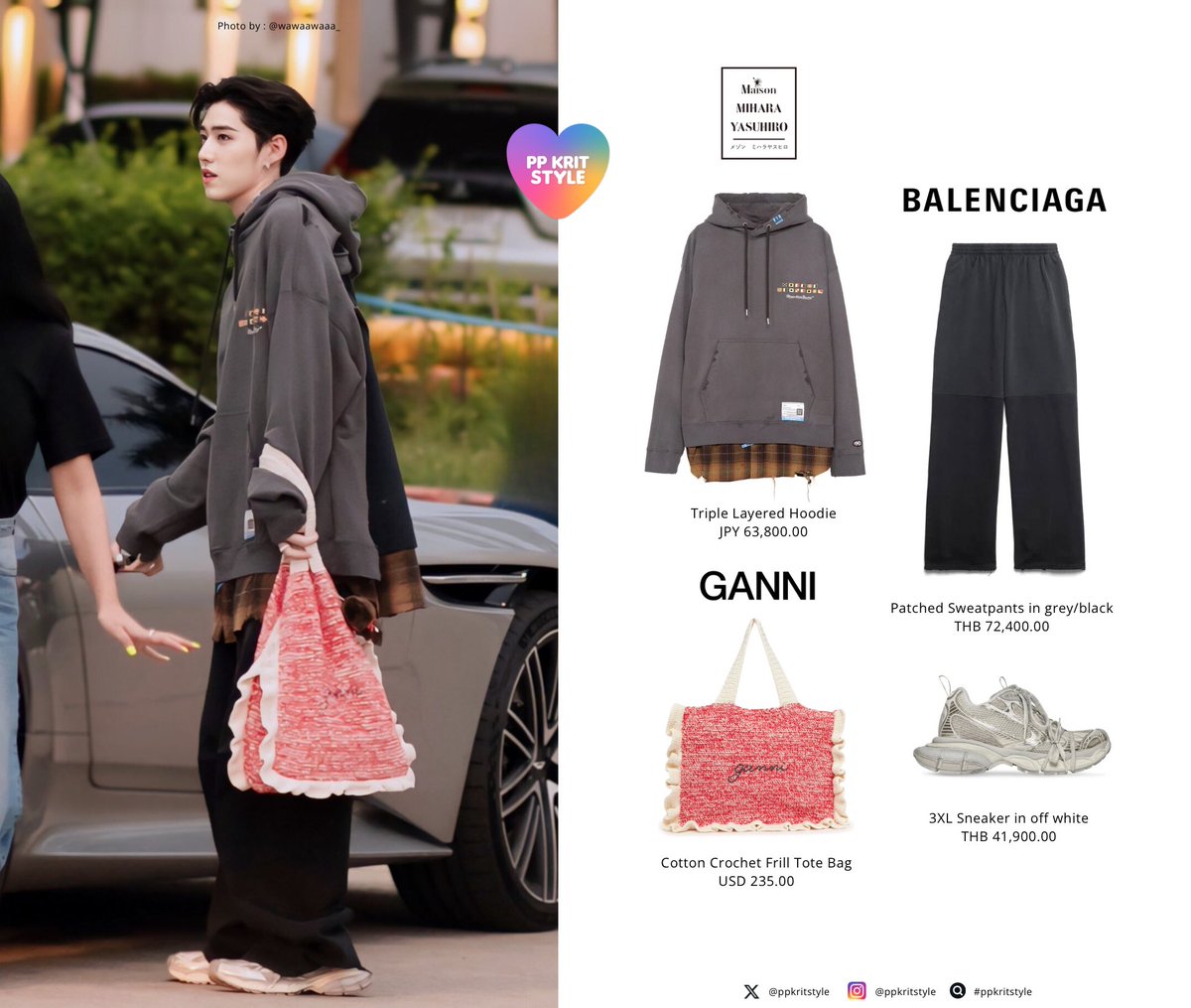 PP KRIT STYLE : #BQuikPlayPlayPlay

#MaisonMIHARAYASUHIRO Triple Layered Hoodie
#Balenciaga Patched Sweatpants and 3XL Sneaker
#GANNI Cotton Crochet Frill Tote Bag

#ppkritt #ppkritstyle
