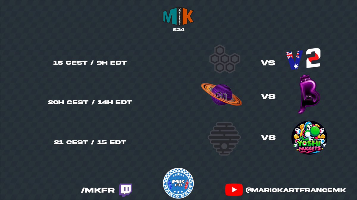 Aujourd’hui c’est journée cast sur MKFR ! Rendez-vous à 15h, 20h et 21h sur Twitch et YouTube pour assister avec nous à la MKU S24 de nos équipes français que sont la Ho, la BosS et la Mw2014 ! Twitch.tv/mkfr